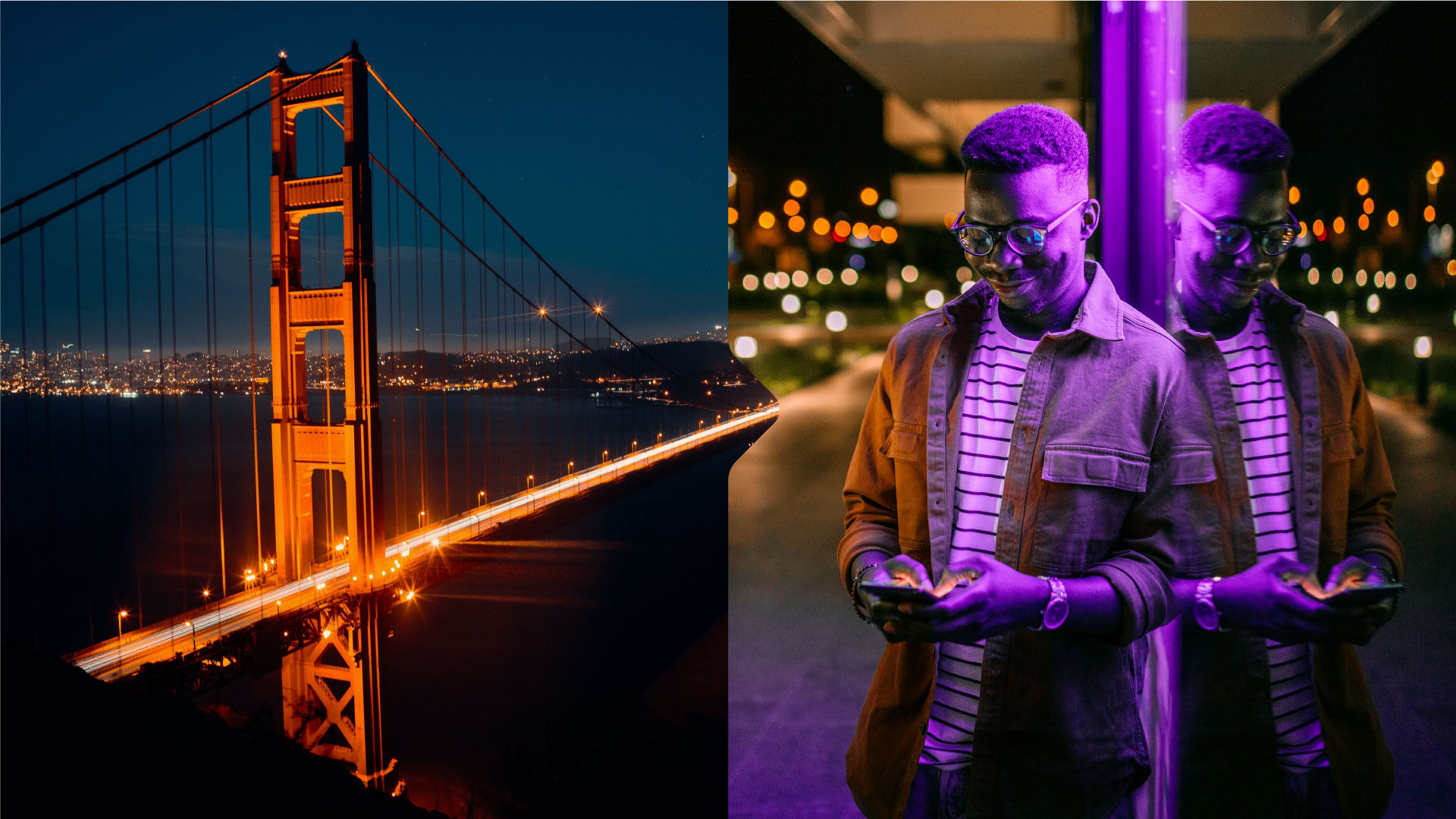 Golden Gate and man with mobile phone