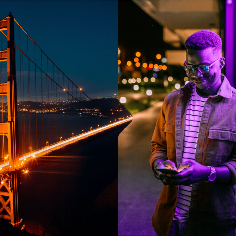 Golden Gate and man with mobile phone