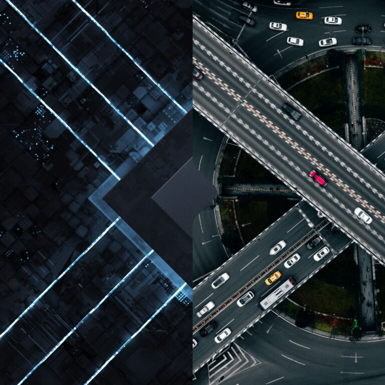 Abstract Tech and Aerial view of of Complex Overpass and Busy Traffic